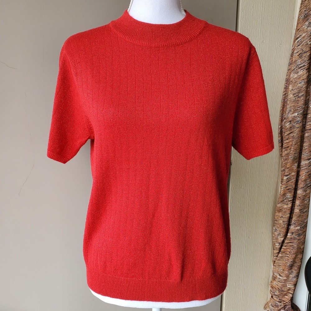 Sag Harbor Sweater Shirt Womens Small Red Ribbed Glitter Short Sleeve Vintage